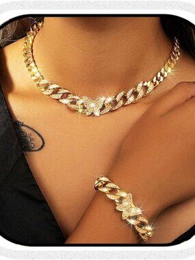 Cuban Rhinestone Choker Necklace Set Gold Butterfly Necklaces and Bracelet Jewel
